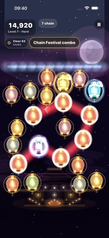 Glowfall gameplay showing a Chain Festival combo.